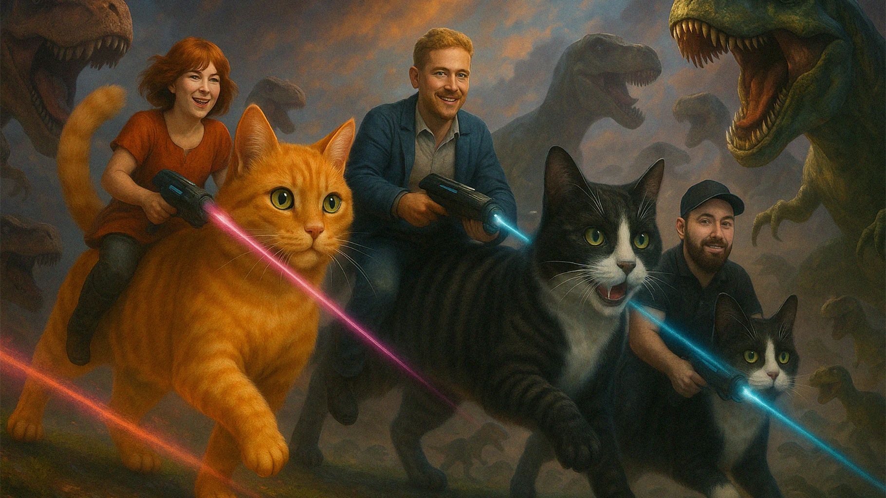 Shy Studios Team Riding Cats & Shooting Dinosaurs with Lazers